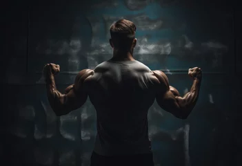 Foto op Plexiglas Back view of man with very strong illuminated shadow flexing muscles on dark wall background © kiatipol