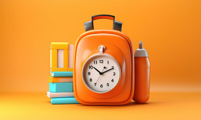 backpack with alarm clock and school equipment, Back to school,3d - obrazy, fototapety, plakaty