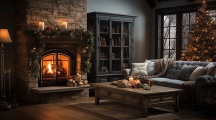 A cozy living room with a roaring fireplace and Christmas stockings hanging above on a chilly Christmas morning