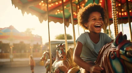 Foto op Aluminium A happy young blackboy expressing excitement while on a colorful carousel, merry-go-round, having fun at an amusement park © Hixel