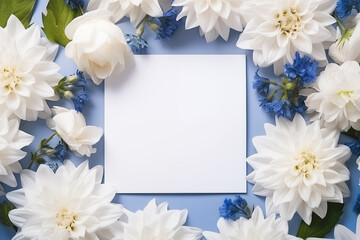 Mockup card with white composition flowers on the blue background
