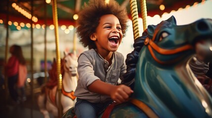 A happy young blackboy expressing excitement while on a colorful carousel, merry-go-round, having fun at an amusement park - obrazy, fototapety, plakaty