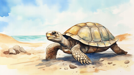 watercolor tortoise walking on a sandy beach on a sunny day