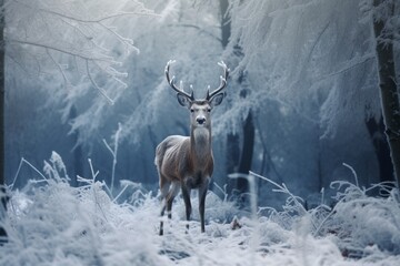 Deer in the woods or forest on winter background