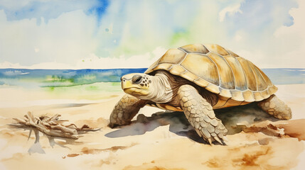 Obraz premium watercolor tortoise walking on a sandy beach on a sunny day