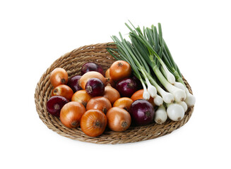 Wicker mat with different kinds of onions isolated on white