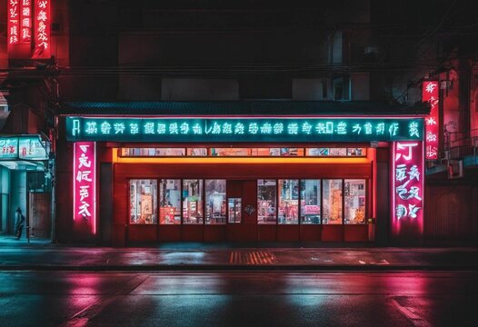 AI generated illustration of An illuminated store front in the night time