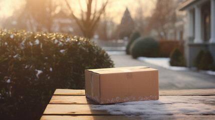 Package left outside in the yard, at the front door. Box standing in winter weather on porch - obrazy, fototapety, plakaty