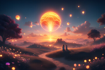 Magical fantasy sunset digital illustration