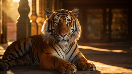 Poderoso tigre em templo luxuoso  - obrazy, fototapety, plakaty