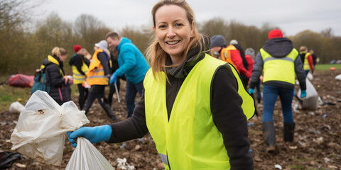 portrait of a woman during a waste collection, environment, recycling, volunteer