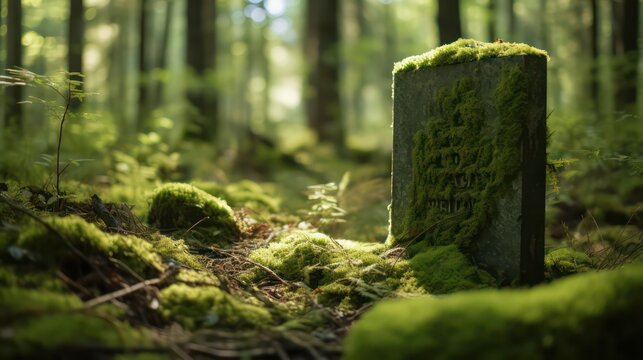 A serene forest cemetery with a close-up of a wooden marker on moss, depicting a natural burial site in the woods.