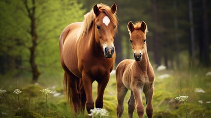 Obraz na płótnie Canvas Cute Brown Baby Foal standing near its Mother