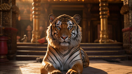Poderoso tigre em templo luxuoso  - obrazy, fototapety, plakaty