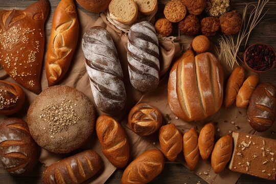 Assorted breads viewed from above. A wide banner photo depicting bakery food with a wheat topping. Generative AI