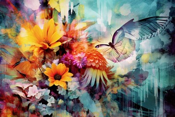 Colorful flower artwork (digital collage). Generative AI