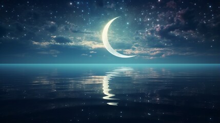 Dark starry night sky above calm ocean and fantastic big half moon shines at the mirror water surface. With no people simple natural background 3D illustration  - obrazy, fototapety, plakaty