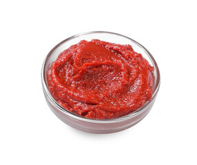 Glass bowl of tasty tomato paste isolated on white