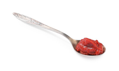 Spoon of tasty tomato paste isolated on white