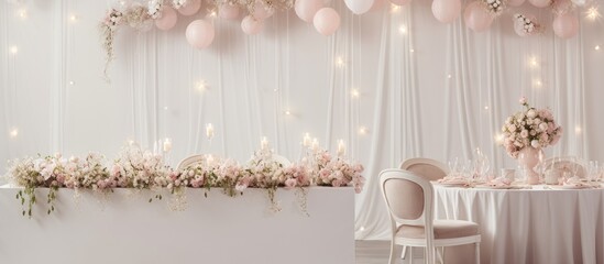 Elegant reception venue adorned with food flowers drinks and lights