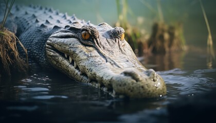 Obraz premium Photo of a Majestic Gharial Alligator Gliding Through the Water