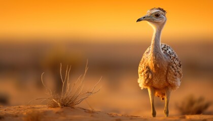 Photo of a Tiny Asian Houbara Bustard Perched on a Dusty Meadow