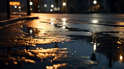 Reflections of streetlights in a puddle, with rain drops glimmering on the surface