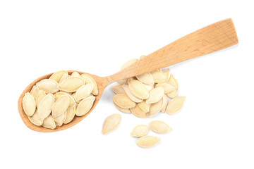 Wooden spoon with pumpkin seeds isolated on white, top view