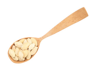 Wooden spoon with pumpkin seeds isolated on white, top view