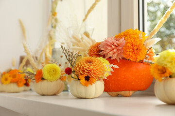 Composition with small pumpkins, beautiful flowers and spikelets on white window sill indoors