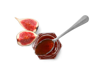 Glass jar with tasty sweet jam, spoon and halves of fresh fig isolated on white, top view