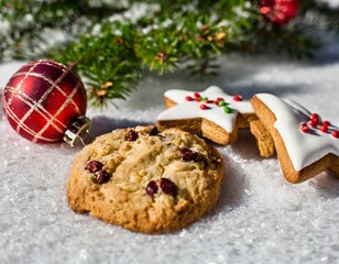 Fototapeta na wymiar christmas cookies with chocolate, red bow