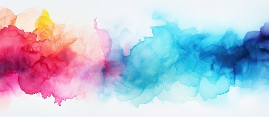 An abstract image created by hand with vibrant and lively ink and watercolor textures on a white paper background The artwork consists of paint leaks and ombre effects resulting in a colorfu