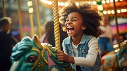 A happy young black girl expressing excitement while on a colorful carousel, merry-go-round, having fun at an amusement park - obrazy, fototapety, plakaty