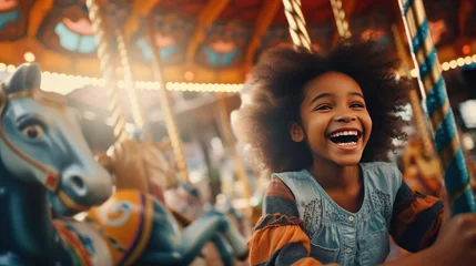 Foto op Plexiglas A happy young black girl expressing excitement while on a colorful carousel, merry-go-round, having fun at an amusement park © Hixel