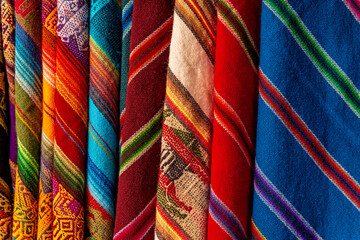 Colorful andes textiles fabrics on witch market, La Paz, Bolivia. - obrazy, fototapety, plakaty