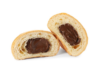 Delicious cut croissant with chocolate isolated on white