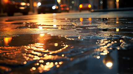  Reflections of buildings in a puddle, with rain drops glimmering on the surface