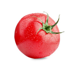 One red ripe tomato with water drops isolated on white