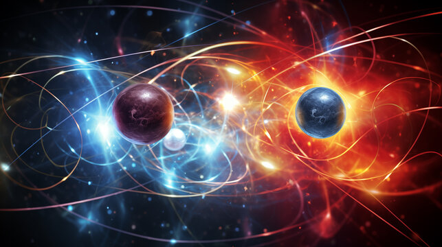 science background with particles and waves, quantum technology
