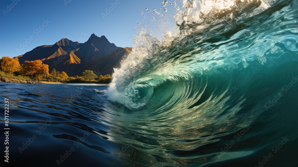 Poster a large wave in the middle of a body of water with a mountain range in the background and a blue sky