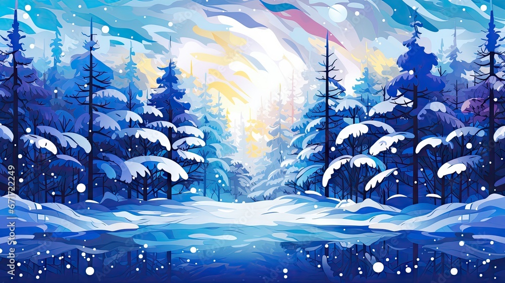 Poster a painting of a snowy landscape with trees and a stream in the foreground and a rainbow in the backg