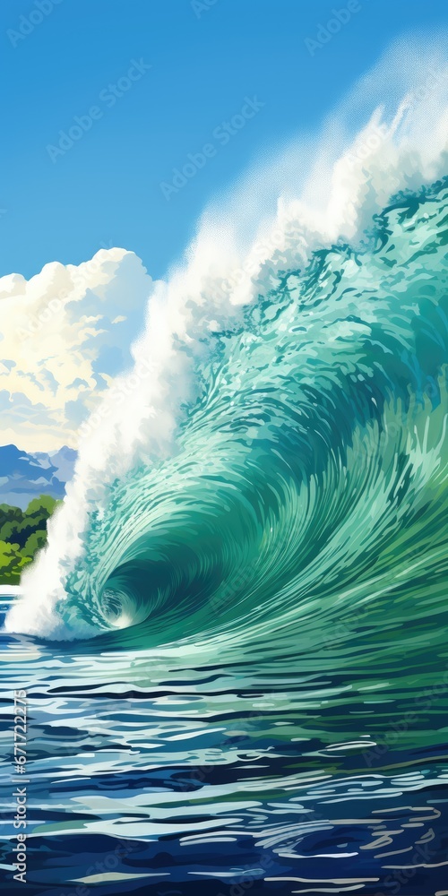 Poster a painting of a large wave in the ocean with a blue sky and clouds in the background and a green isl