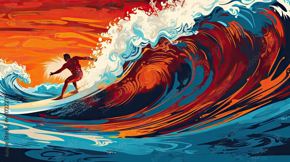 Poster a man riding a wave on top of a surfboard in the middle of the ocean with a red sky in the backgroun
