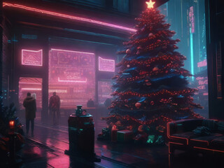 Christmas Tree in The City of The Future, Illustration