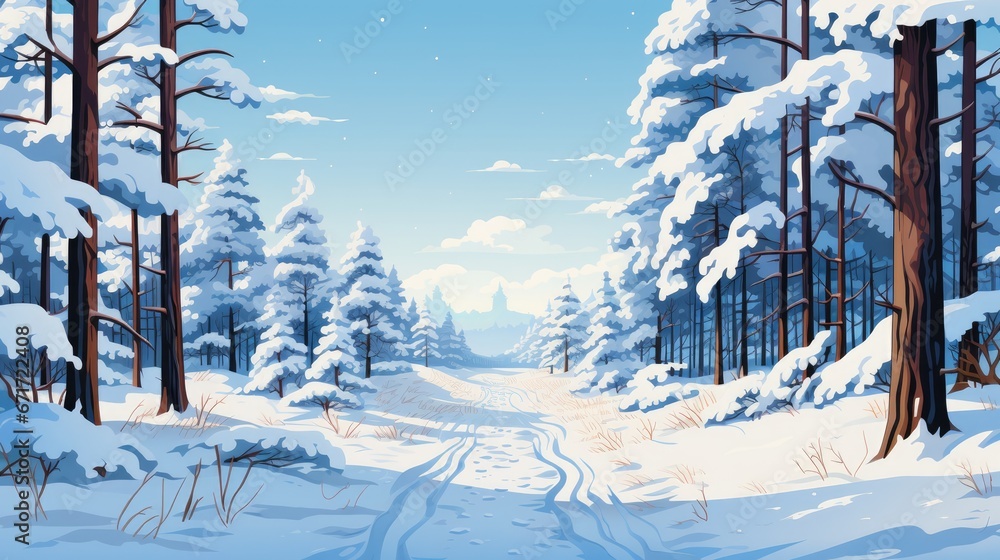Poster a winter scene with snow covered trees and a snow covered path in the middle of the snow - covered f