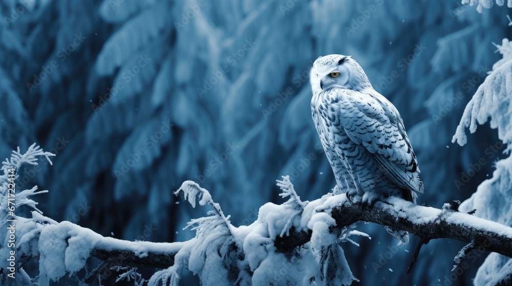 Poster a white owl sitting on top of a tree branch with snow on the branches and trees in the back ground. 