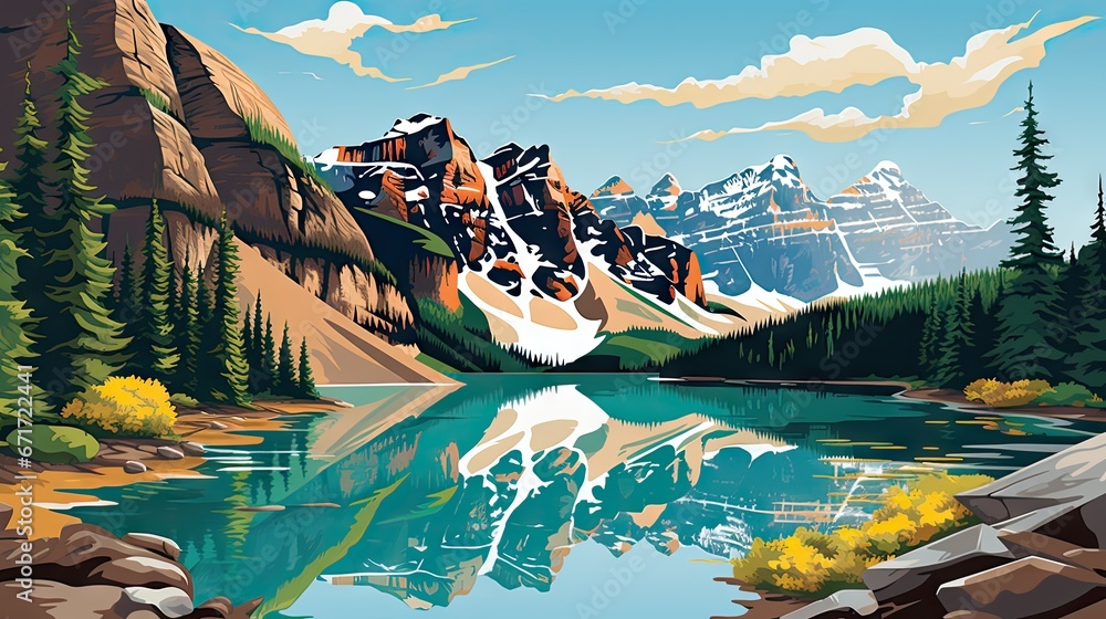 Aufkleber a painting of a mountain lake with mountains in the background and trees in the foreground and cloud