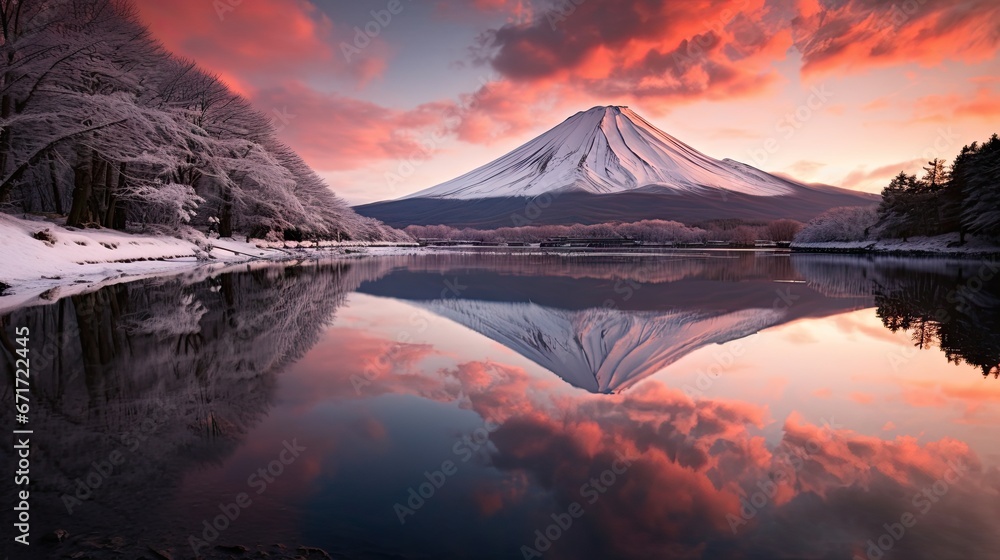 Aufkleber a mountain covered in snow next to a lake with a red sky in the background and a few trees in the fo