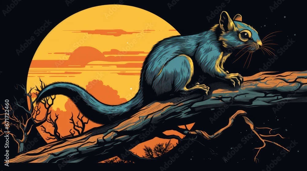 Aufkleber a picture of a squirrel sitting on a tree branch in front of a sunset with a full moon in the backgr